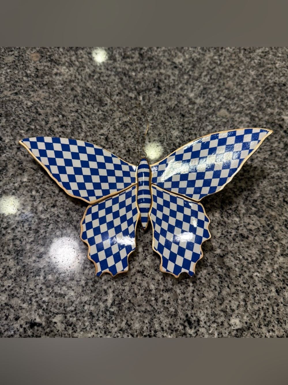 MacKenzie-Childs Blue Check Butterfly Wall Decor Hanging 8" Gold Trim RARE